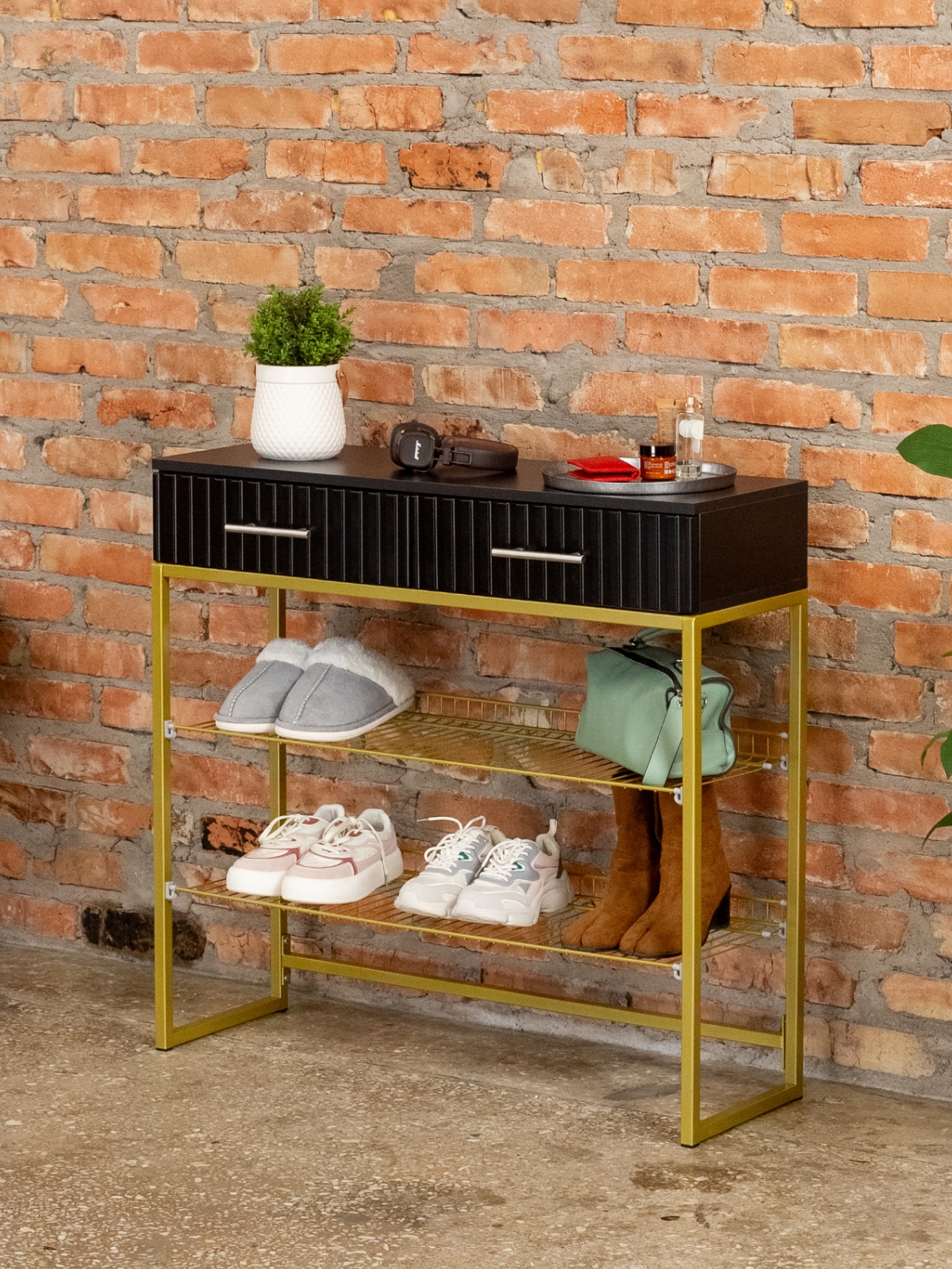 Обувница с фрезерованными фасадами Коди золотой/черный