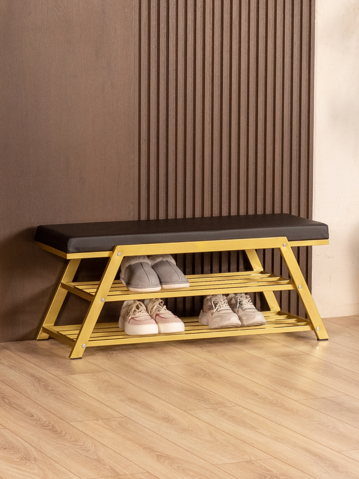 Обувница с мягким сиденьем экокожа Акера золотой/черный