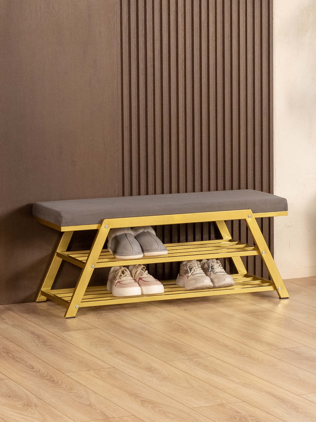 Обувница с мягким сиденьем велюр Акера золотой/серый