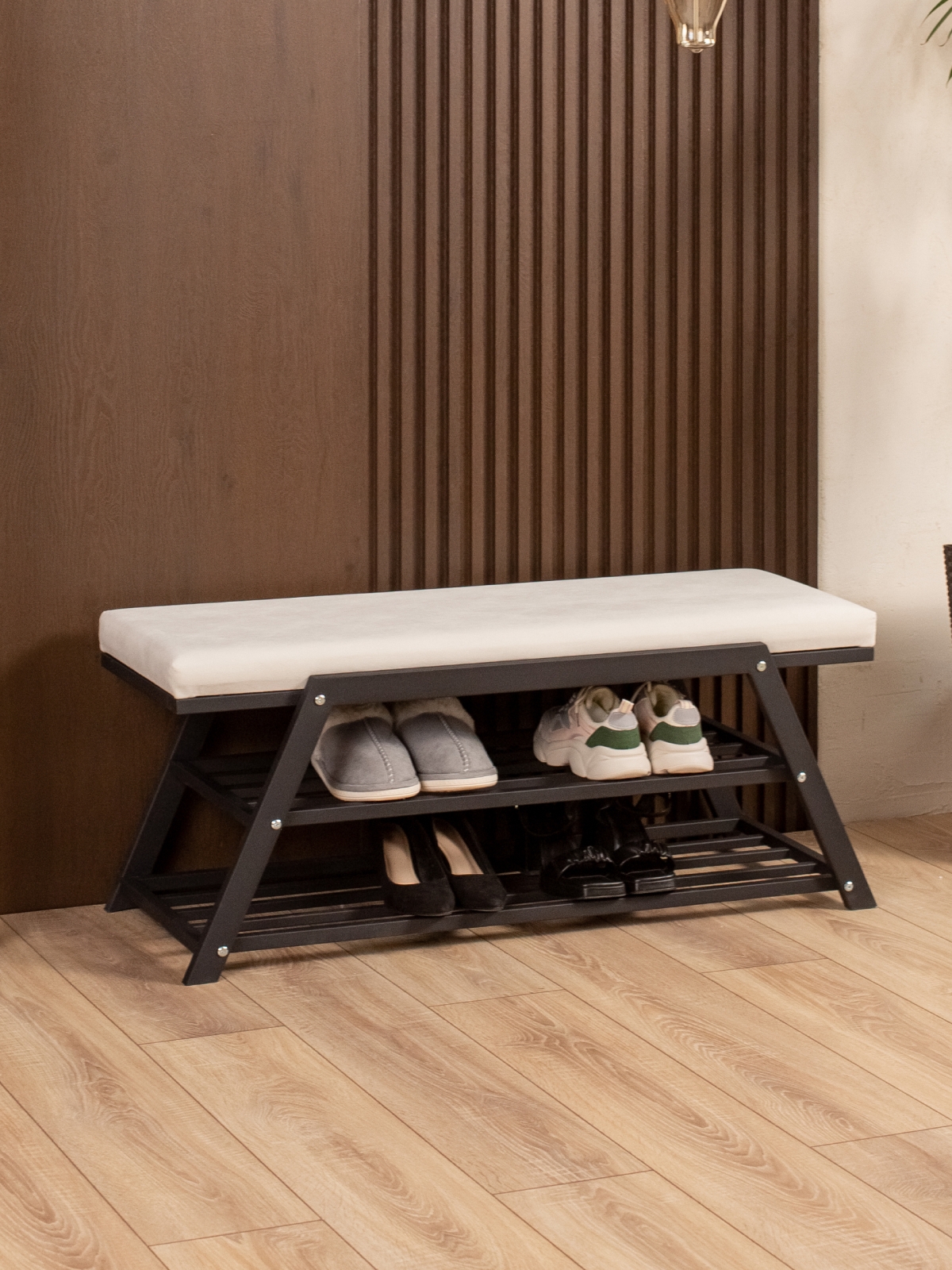 Обувница с мягким сиденьем велюр Акера черный/белый