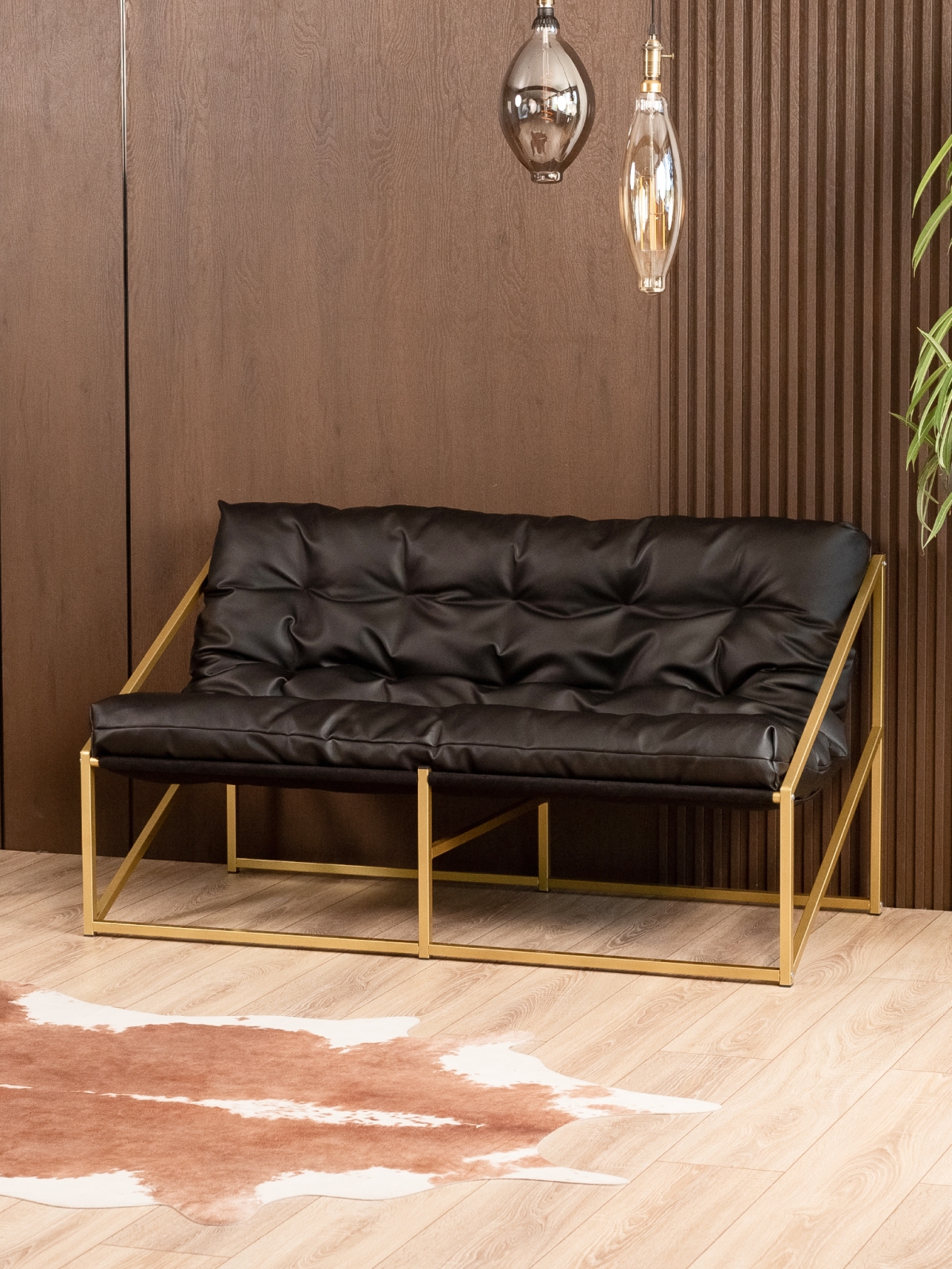 Диван металлический с мягкой подушкой Кирья кожа золотой/черный