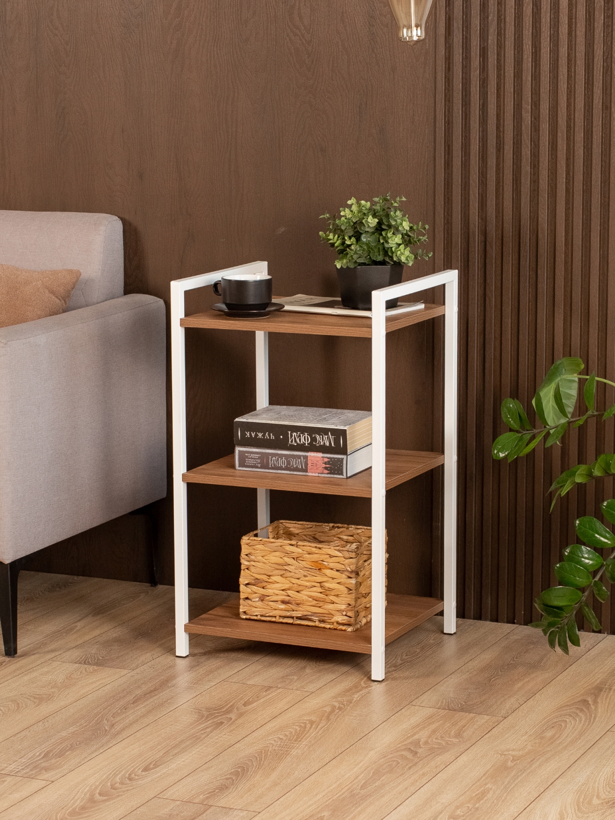 Стеллаж металлический лофт с полками Двина белый/амаретто