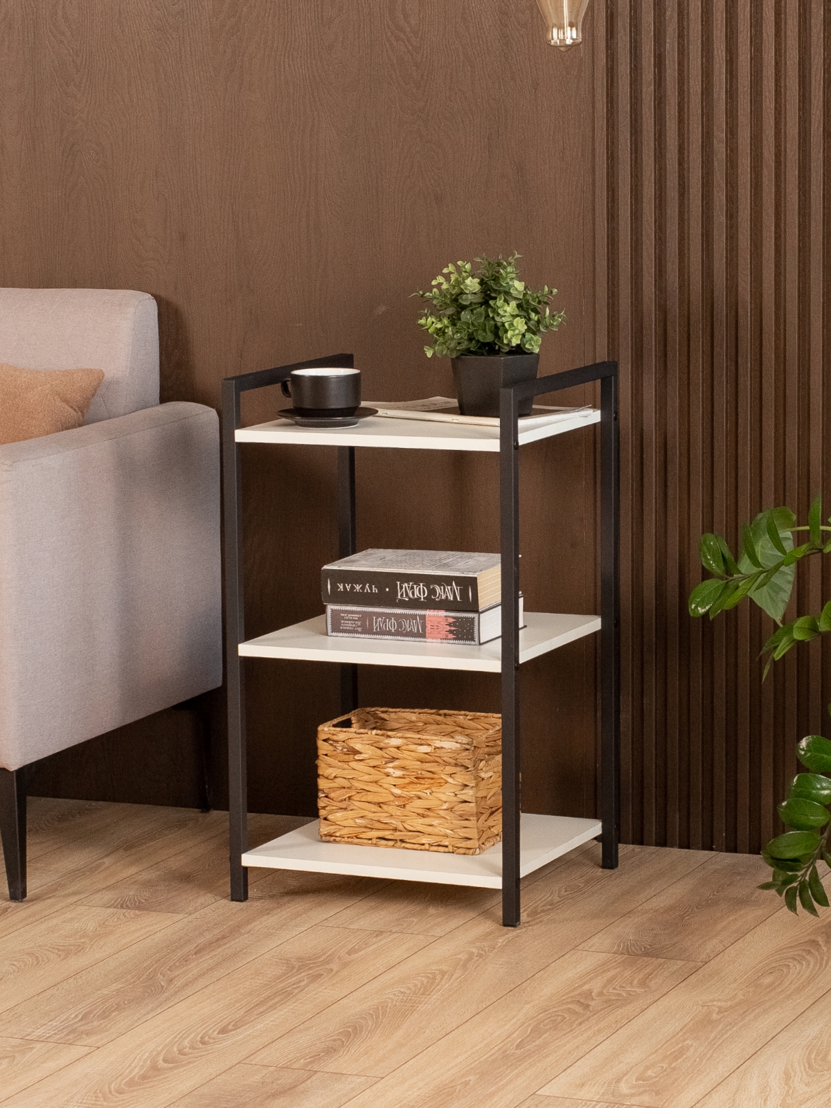 Стеллаж металлический лофт с полками Двина черный/белый