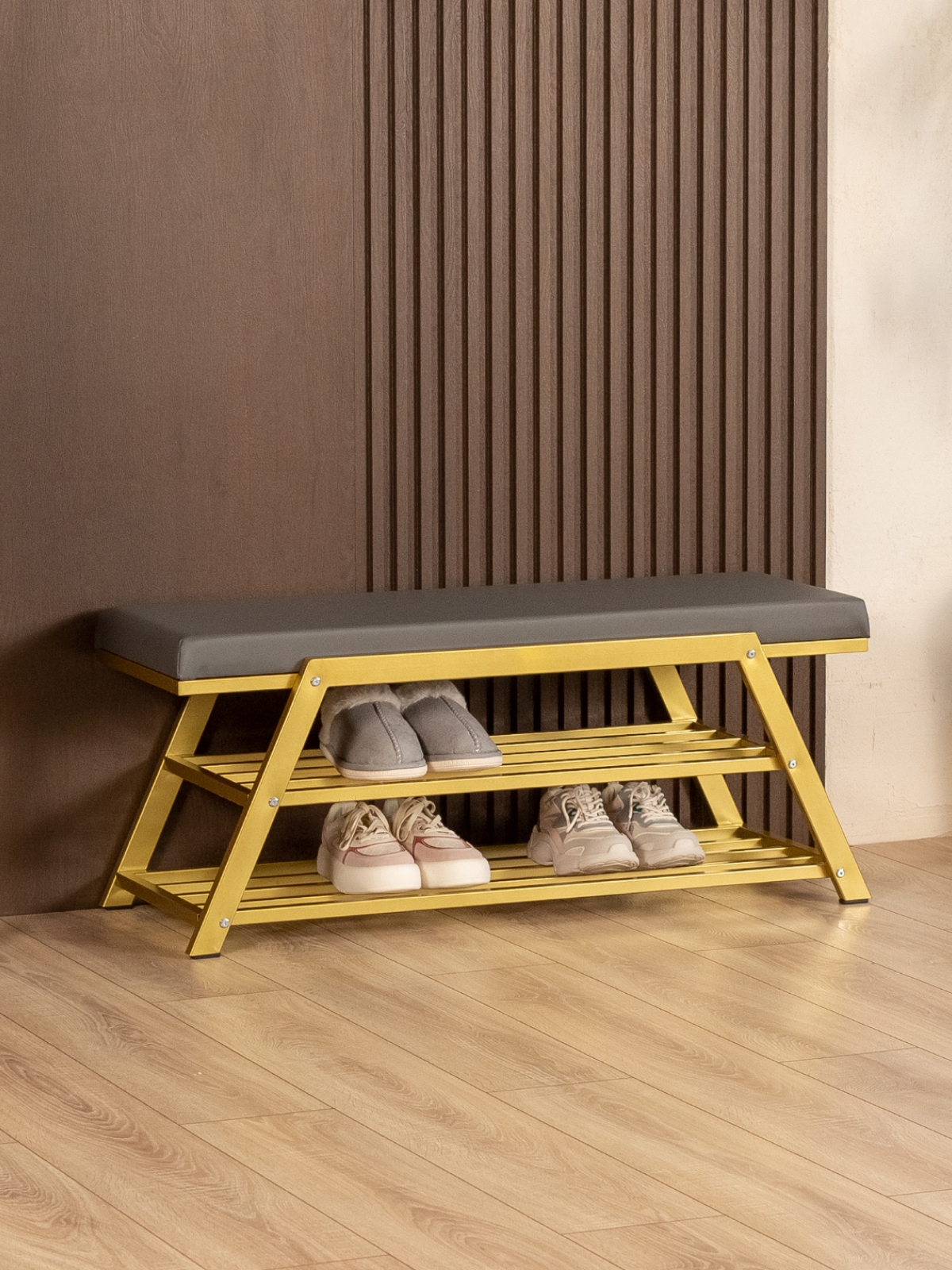 Обувница с мягким сиденьем экокожа Акера золотой/серый