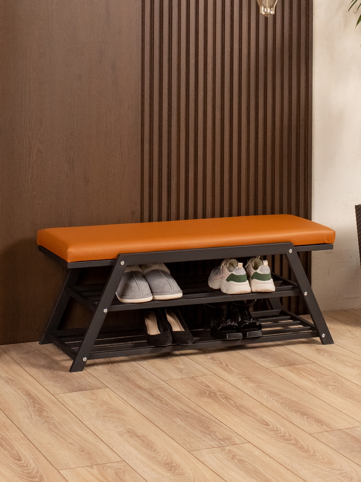 Обувница с мягким сиденьем экокожа Акера черный/коричневый