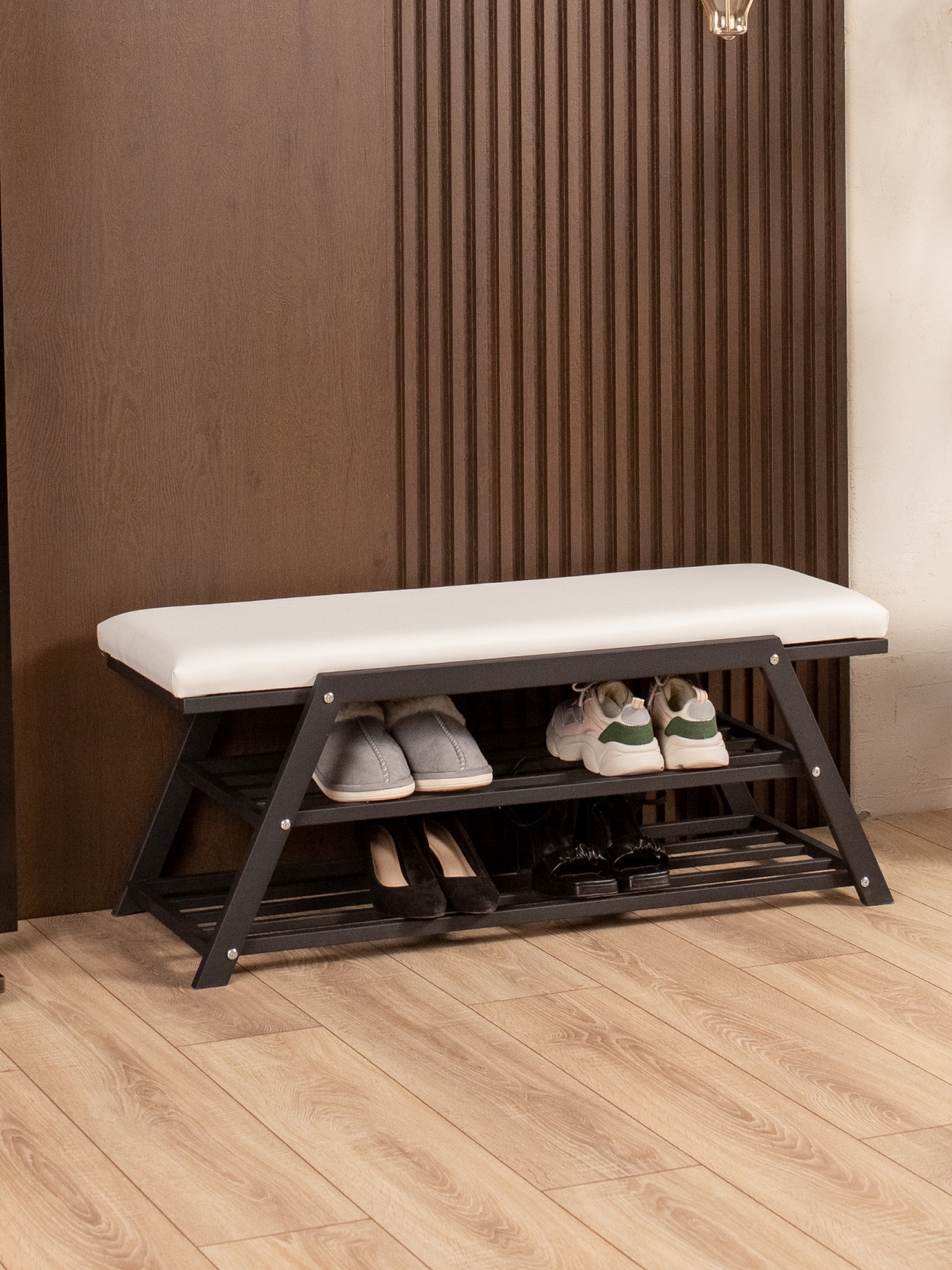 Обувница с мягким сиденьем экокожа Акера черный/белый