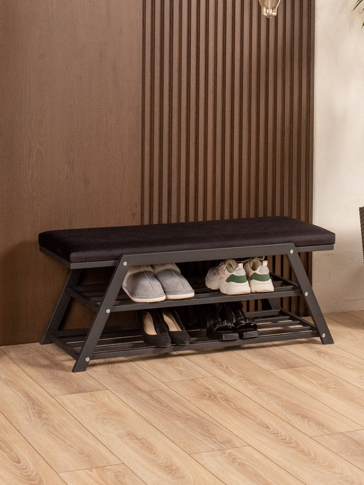 Обувница с мягким сиденьем велюр Акера черный/черный