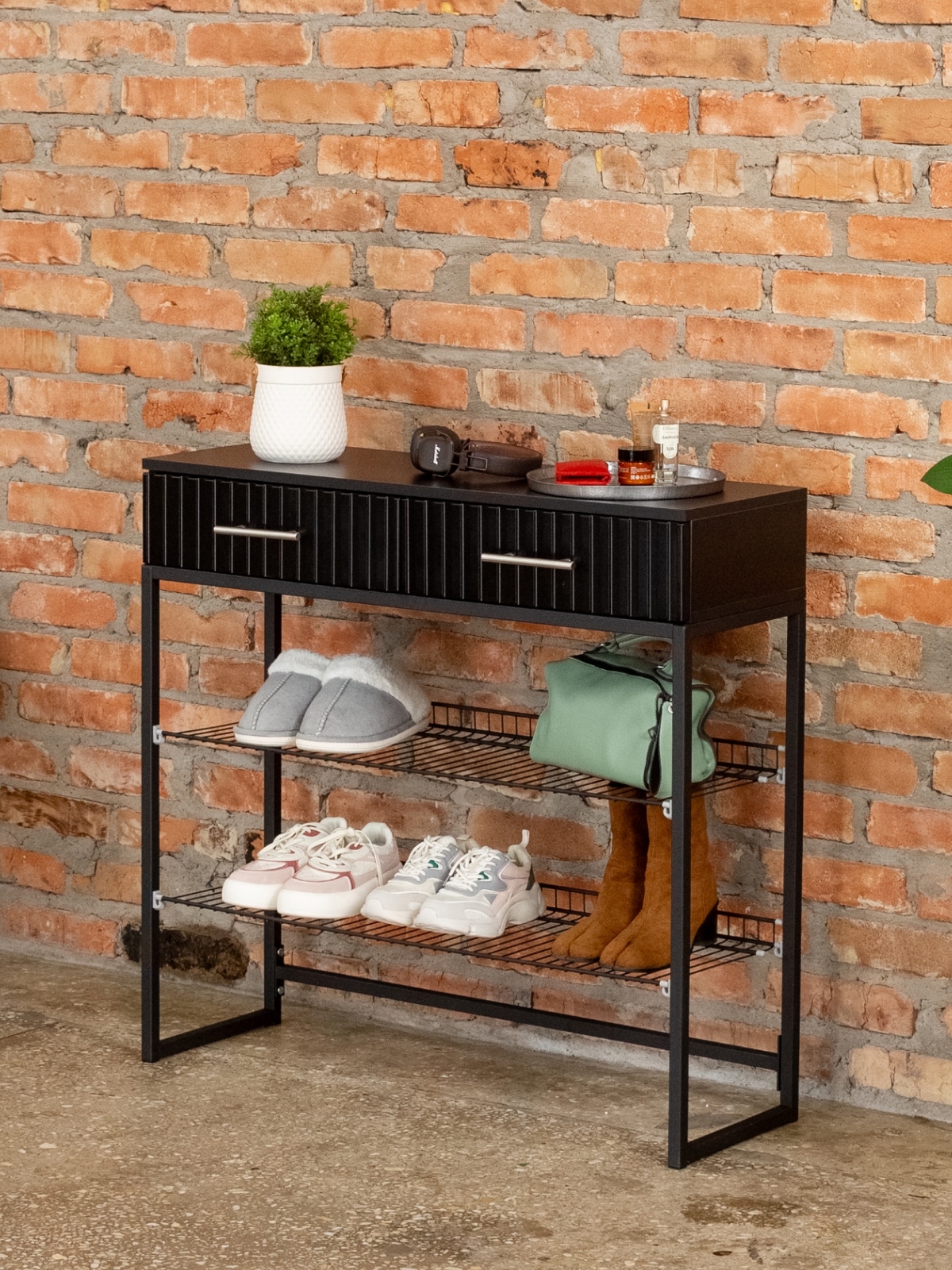 Обувница с фрезерованными фасадами Коди черный/черный