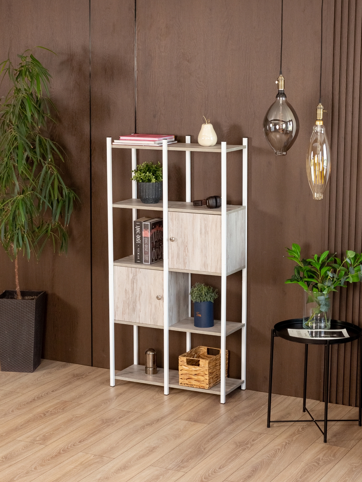 Стеллаж с дверцами и полками Сагамо белый/кашемир