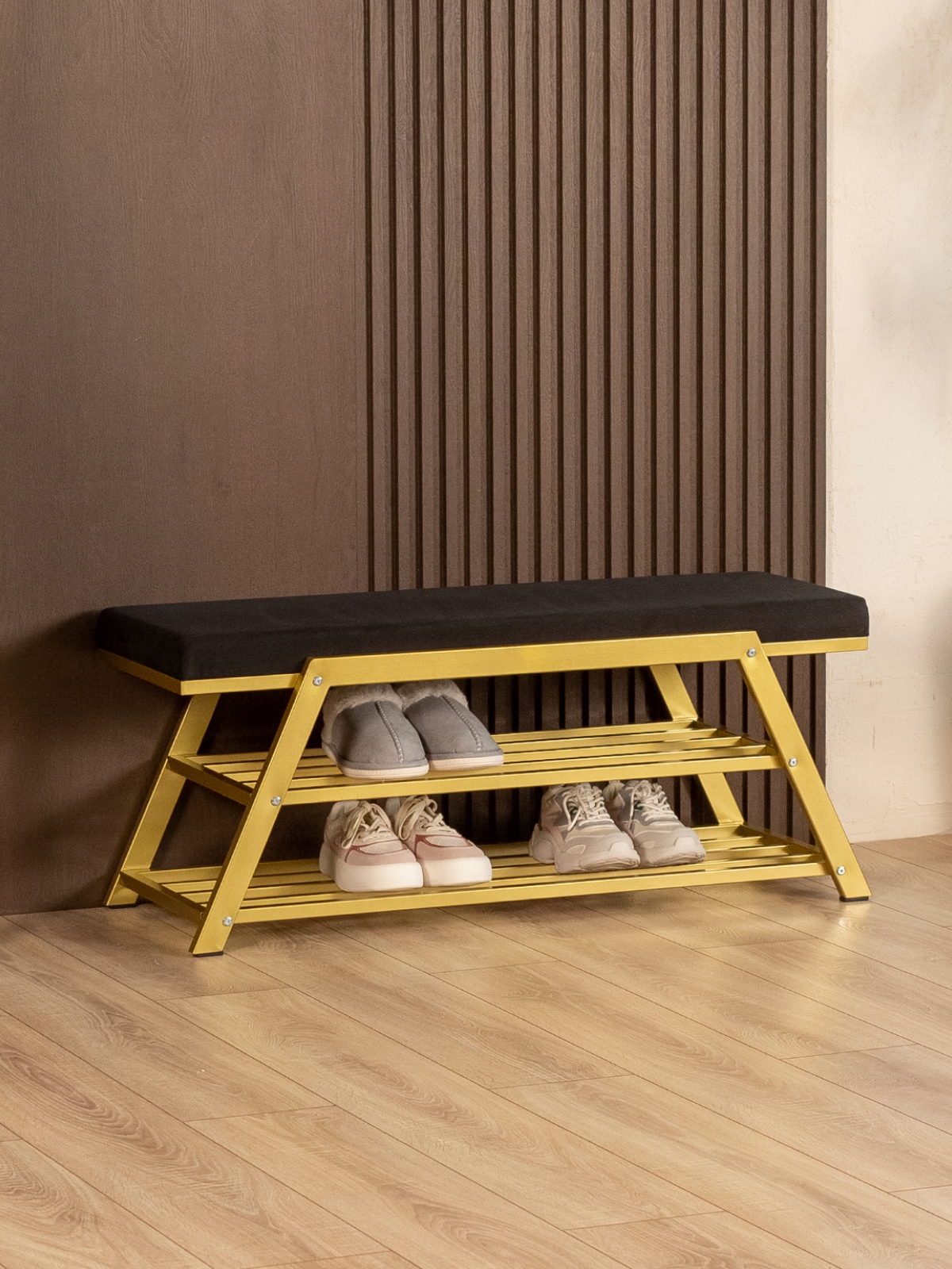 Обувница с мягким сиденьем велюр Акера золотой/черный