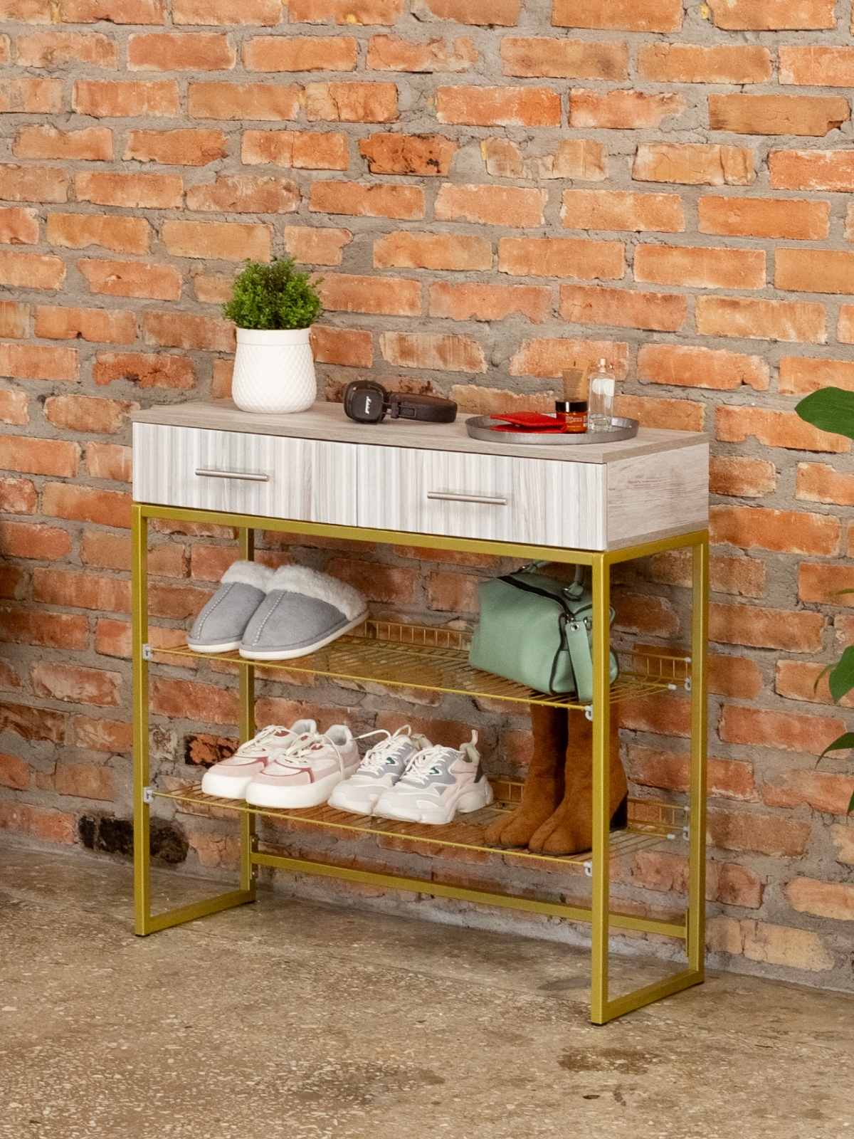 Обувница с фрезерованными фасадами Коди золотой/кашемир