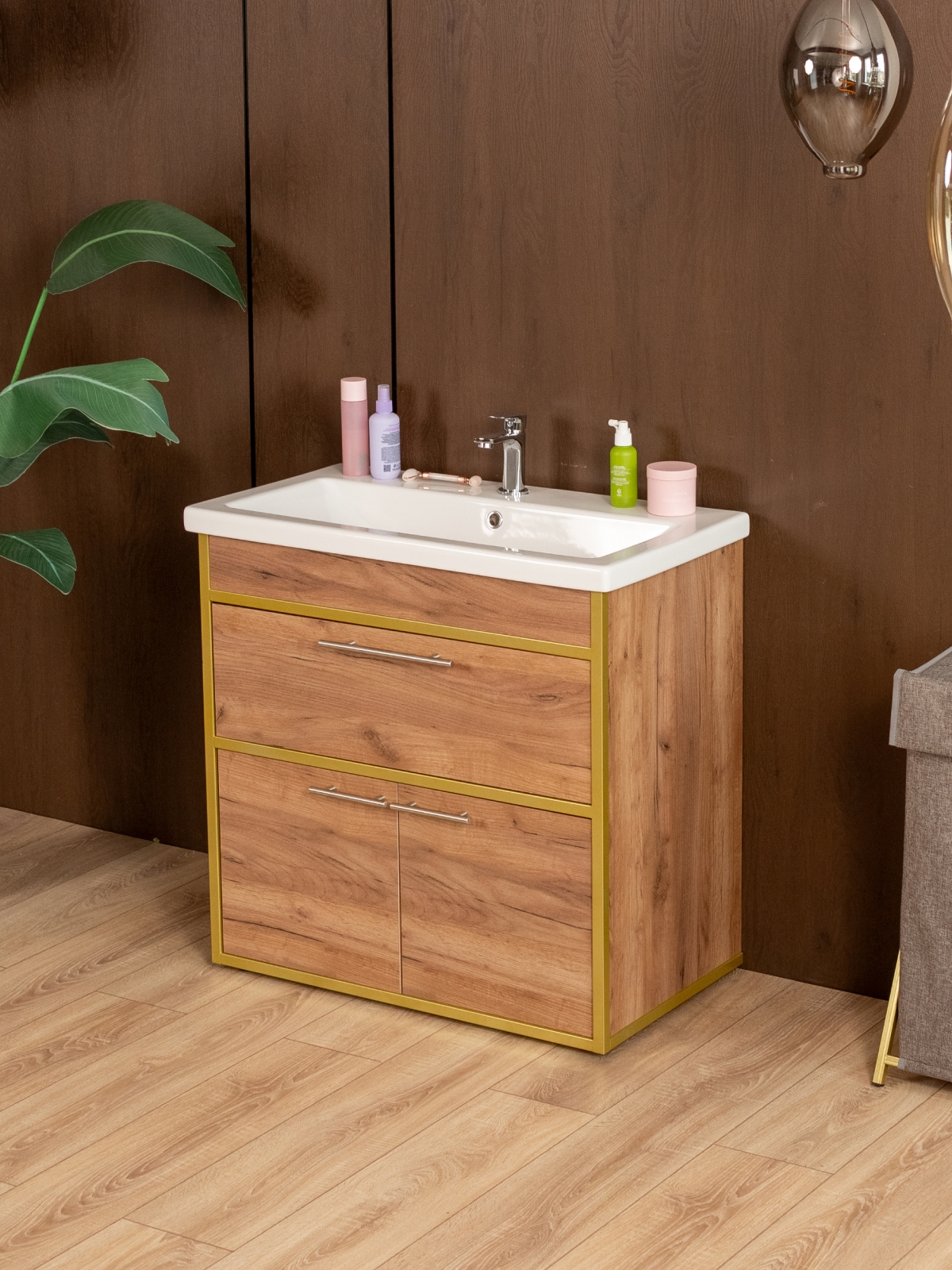 Тумба под раковину для ванной лофт Шимри золотой/амаретто