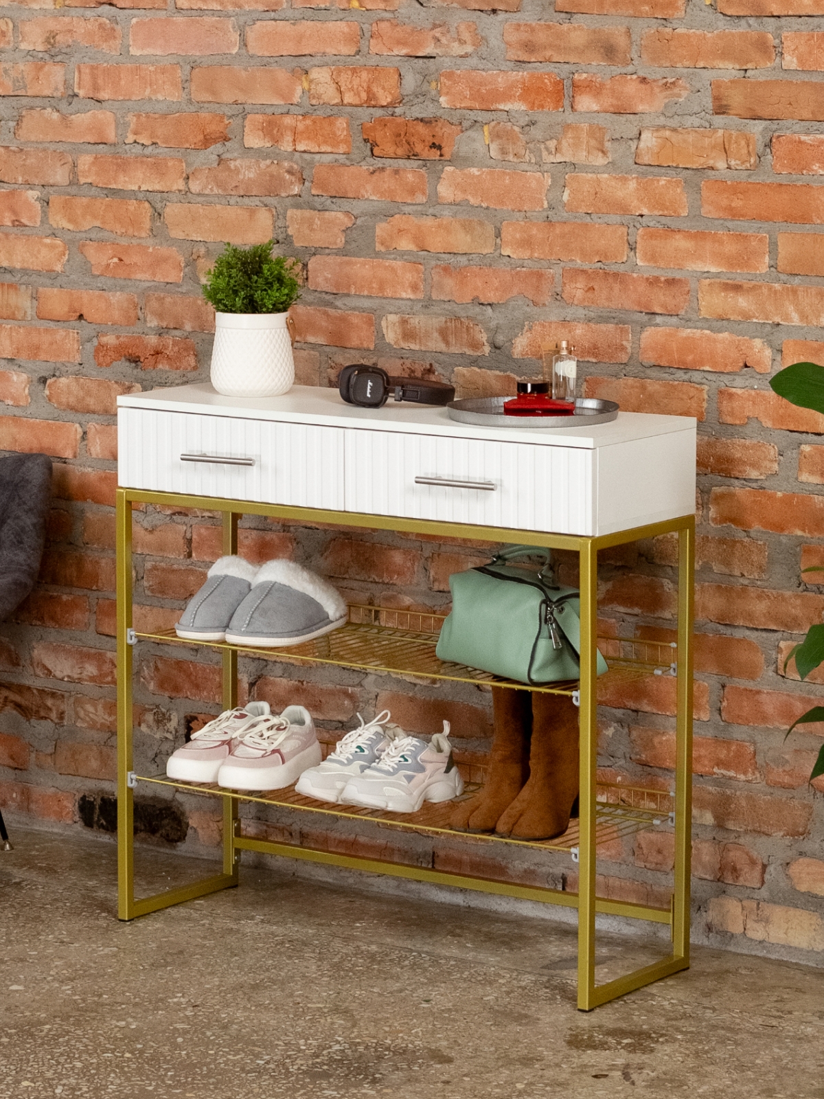 Обувница с фрезерованными фасадами Коди золотой/белый