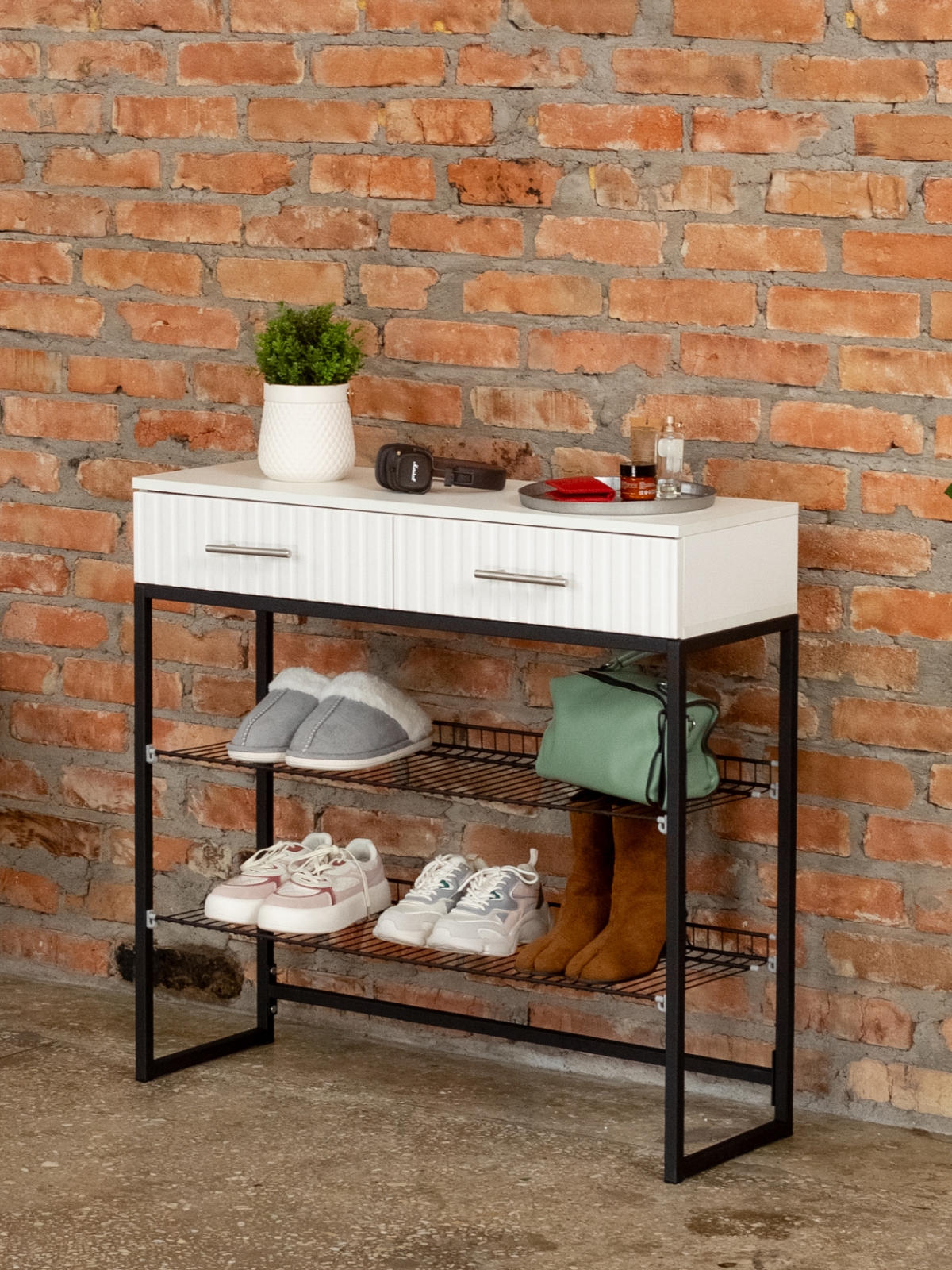 Обувница с фрезерованными фасадами Коди черный/белый