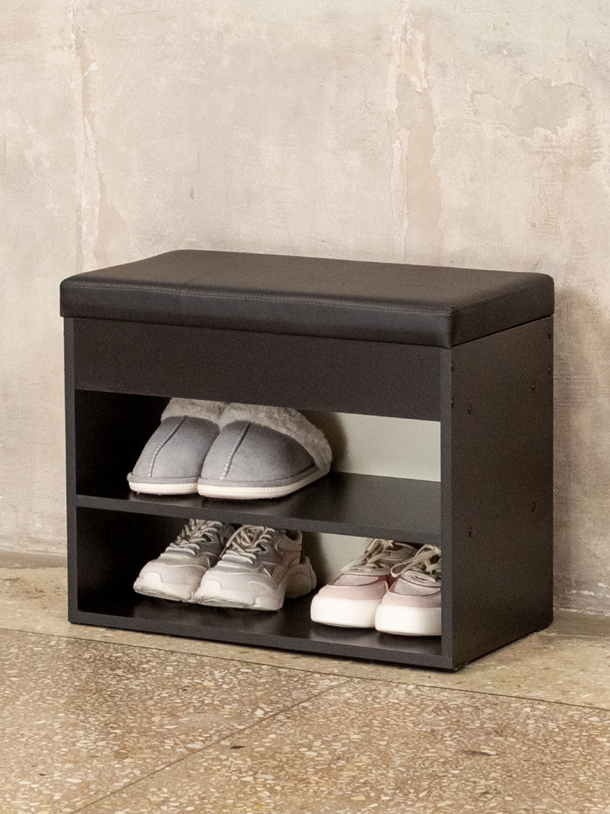 Обувница в прихожую с мягким сиденьем Рона черный/черный