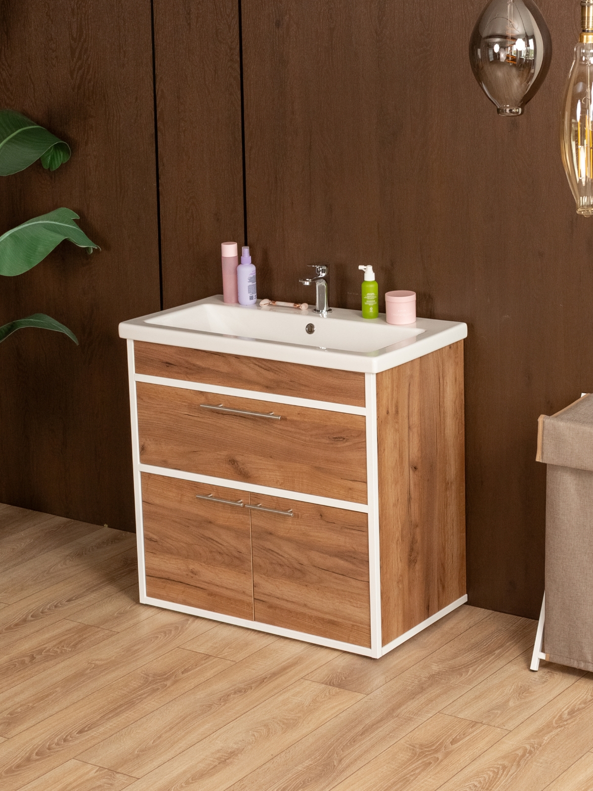 Тумба под раковину для ванной лофт Шимри белый/амаретто