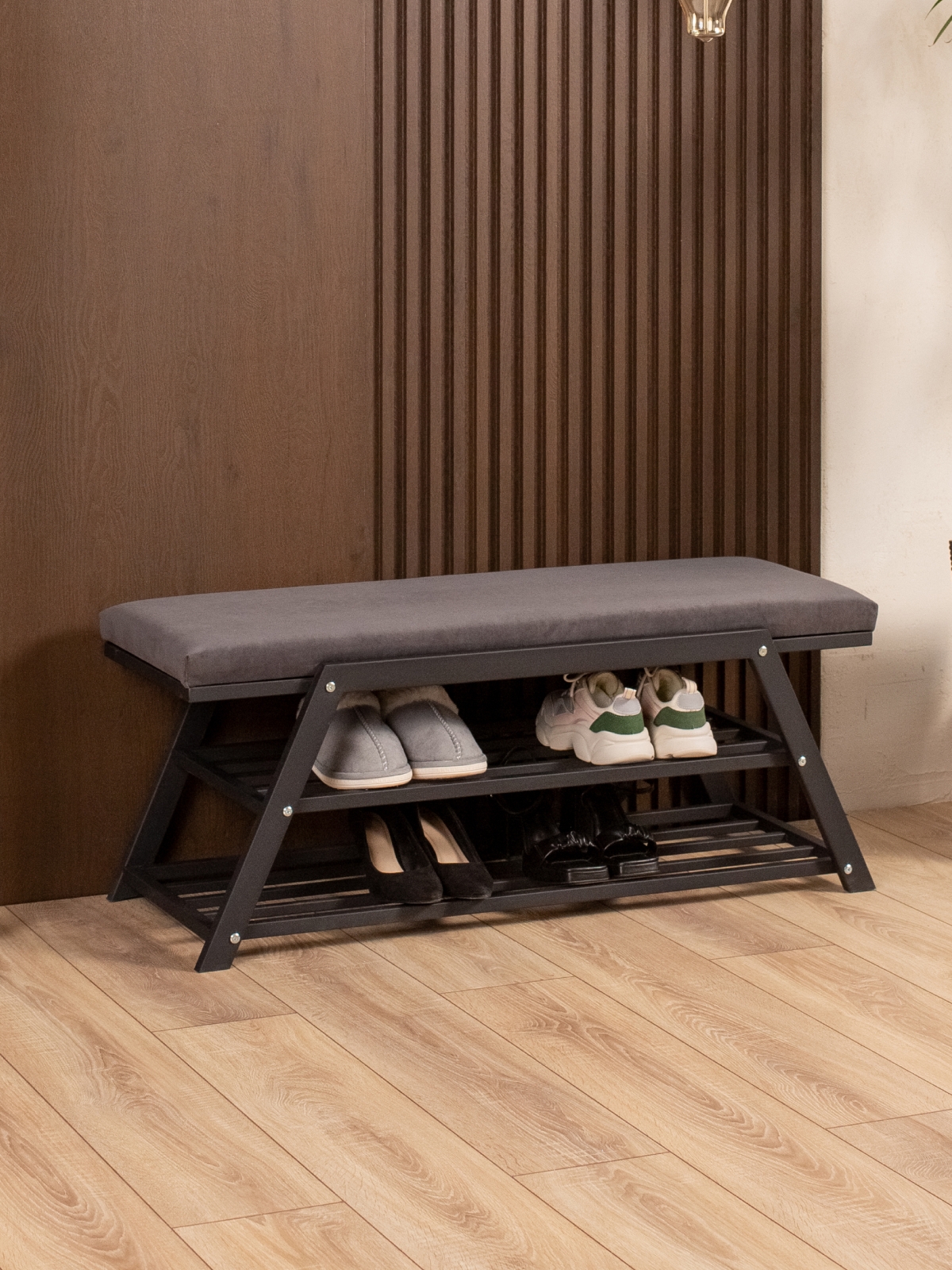 Обувница с мягким сиденьем велюр Акера черный/серый