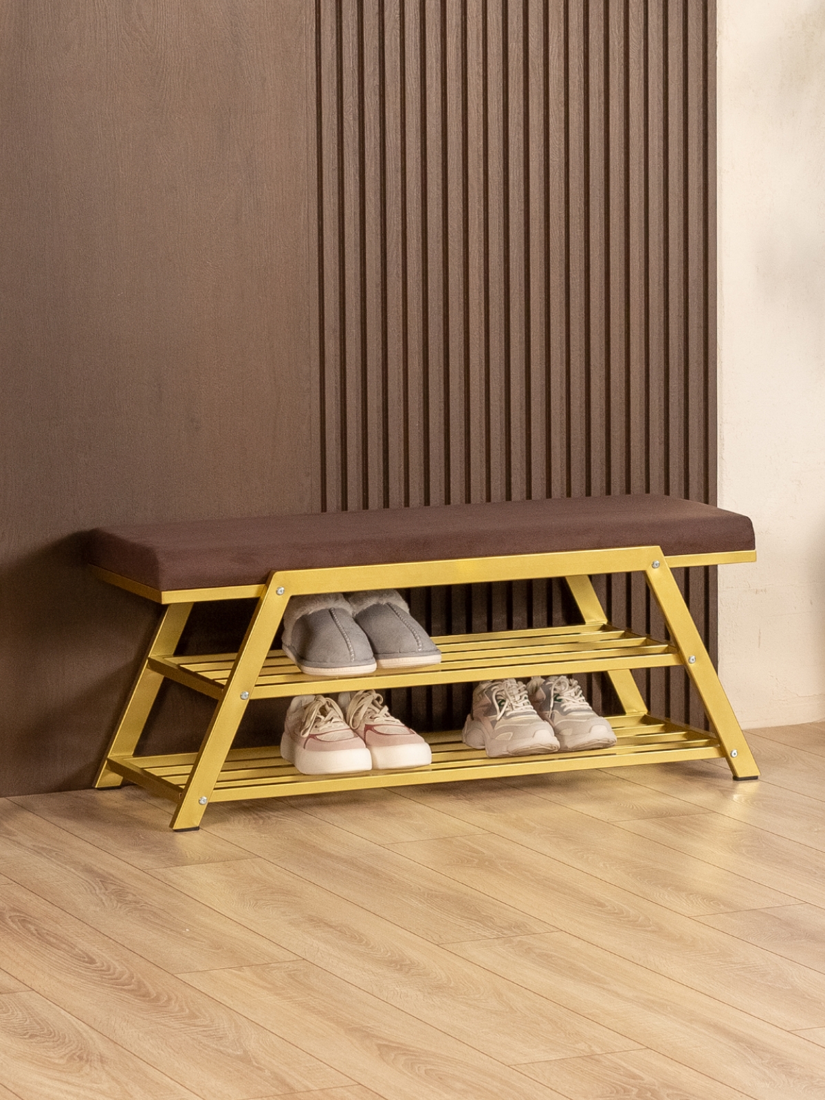 Обувница с мягким сиденьем велюр Акера золотой/коричневый