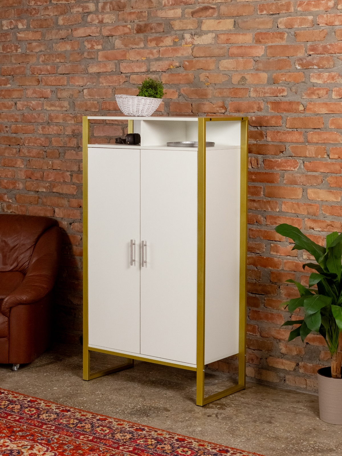 Шкаф с полками Геллес золотой/белый