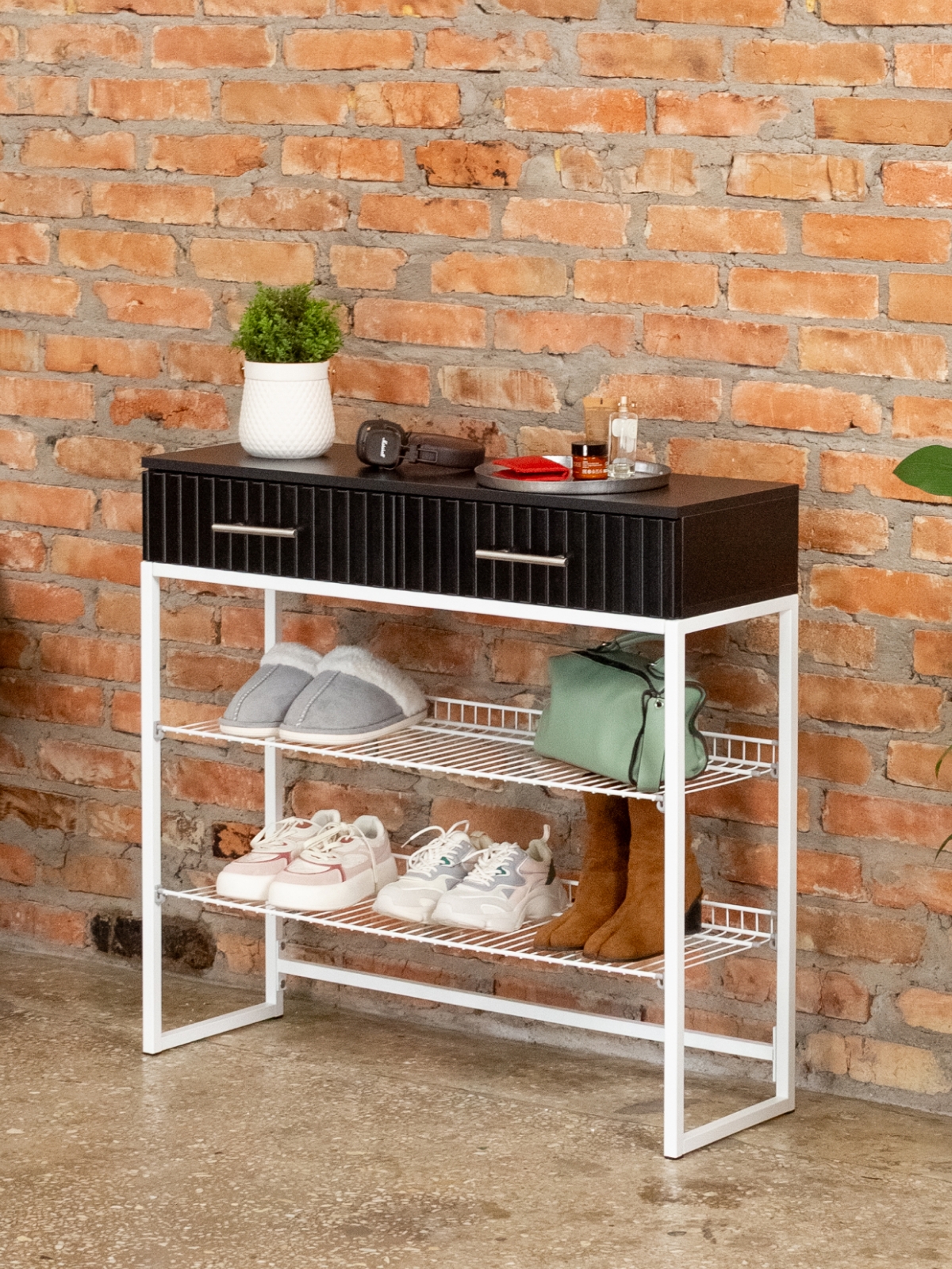 Обувница с фрезерованными фасадами Коди белый/черный