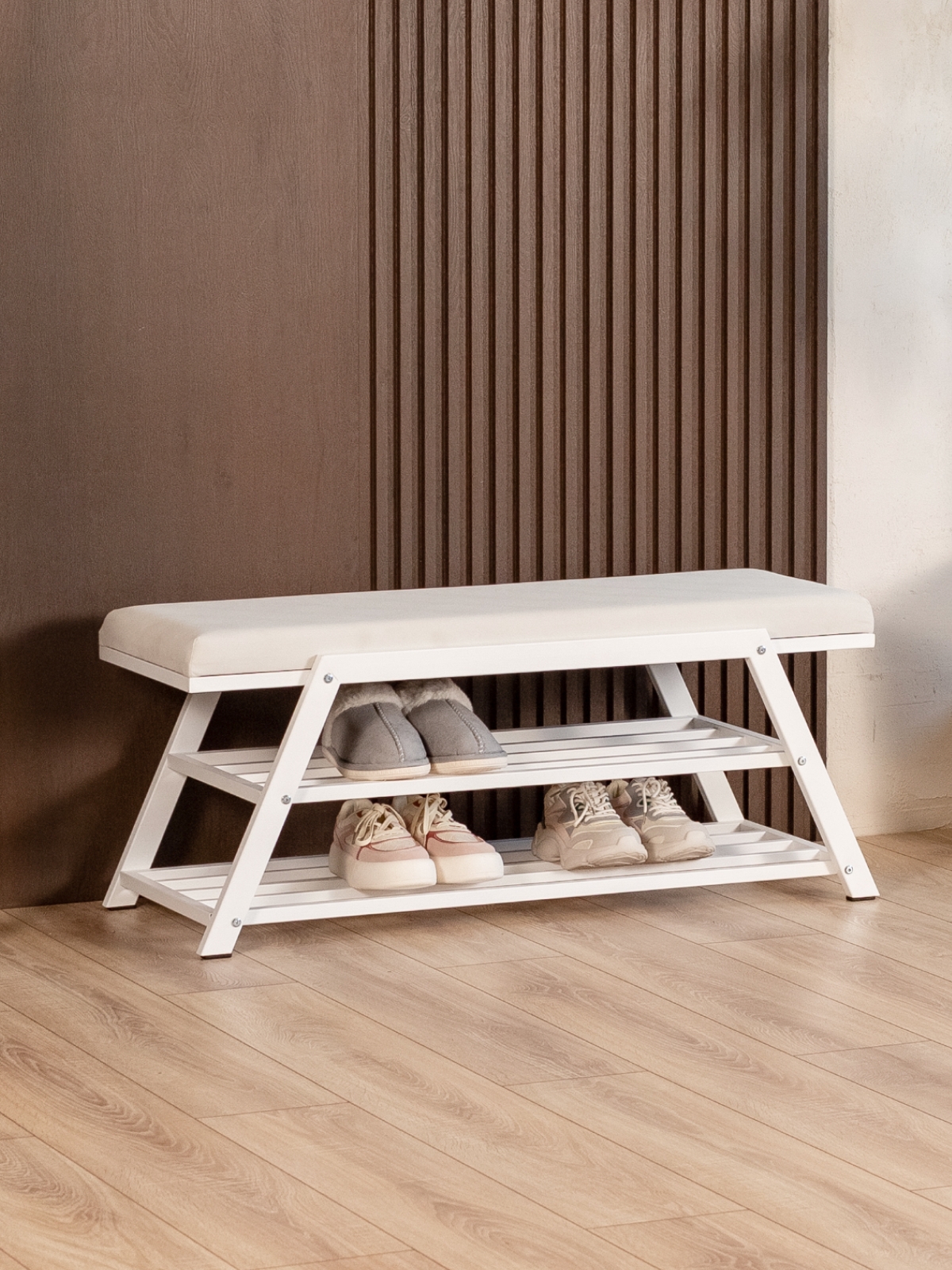 Обувница с мягким сиденьем велюр Акера белый/белый