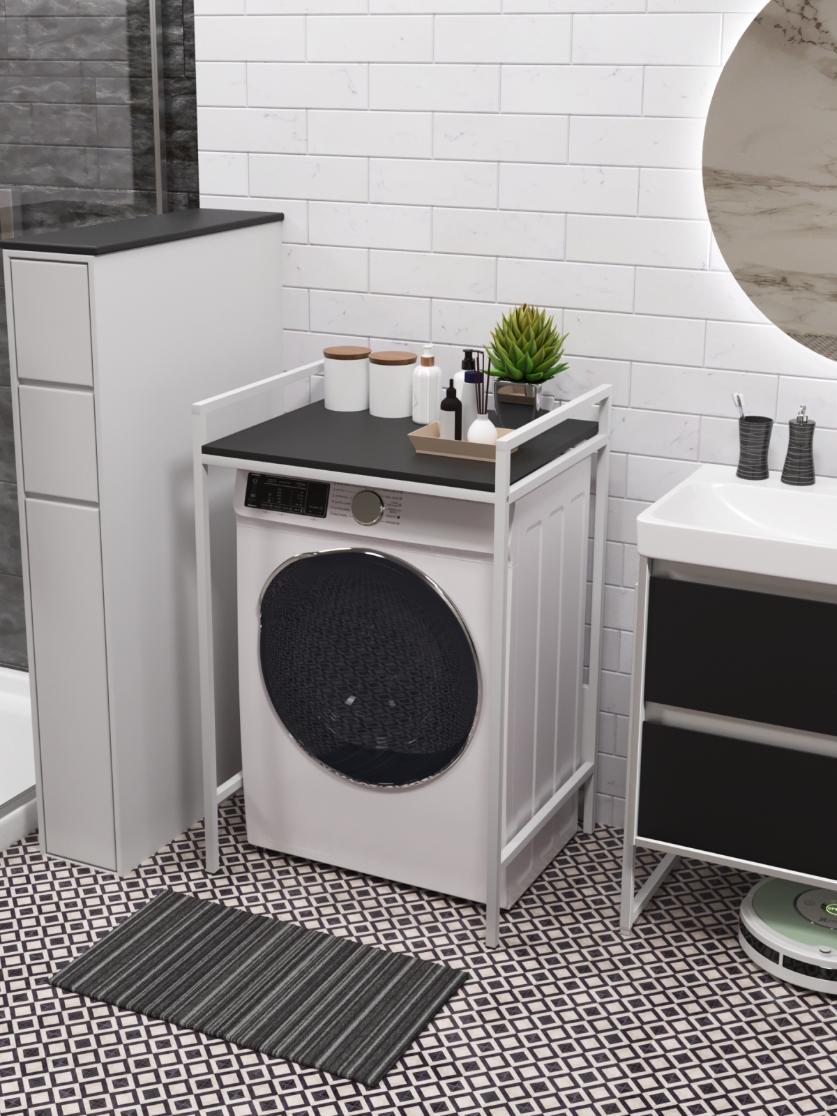 Стеллаж для стиральной сушильной машин Шексна белый/черный