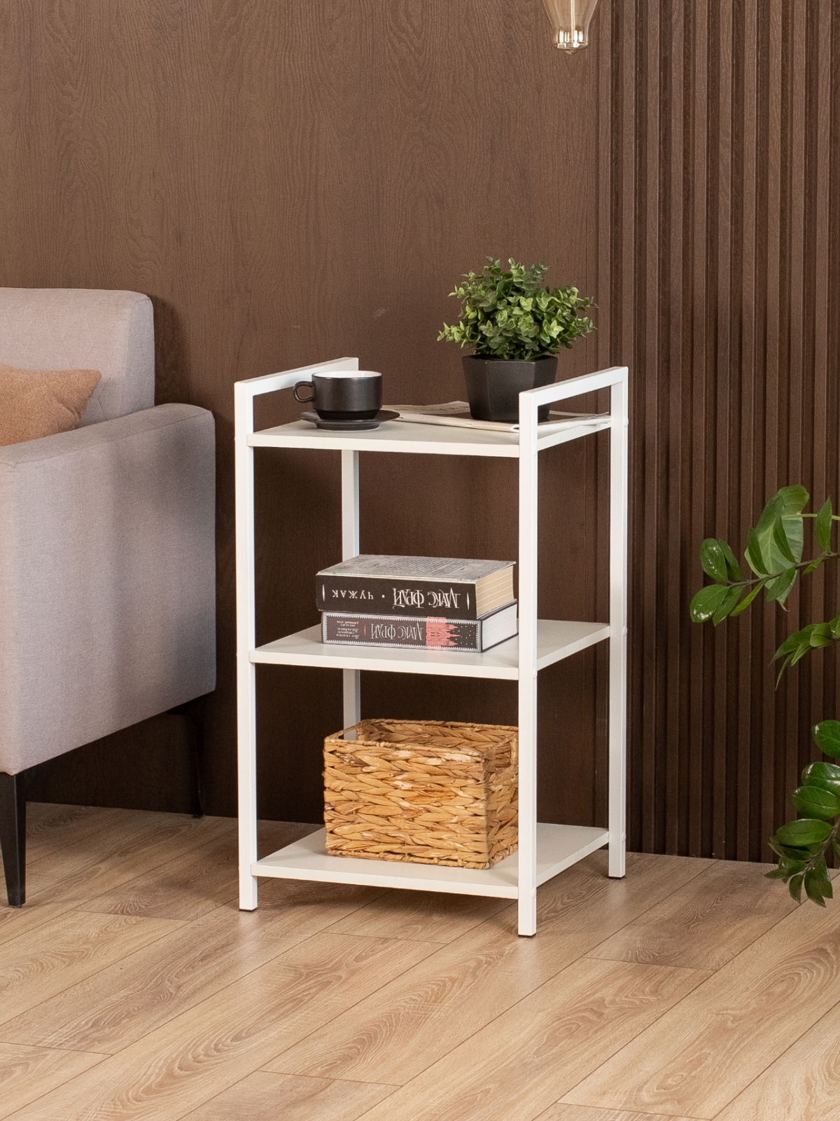 Стеллаж металлический лофт с полками Двина белый/белый