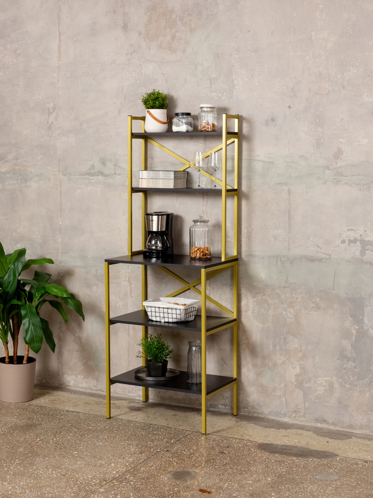 Стеллаж на кухню для микроволновки металлический лофт Истра золотой/черный