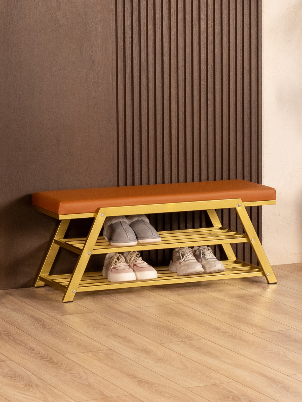 Обувница с мягким сиденьем экокожа Акера золотой/коричневый