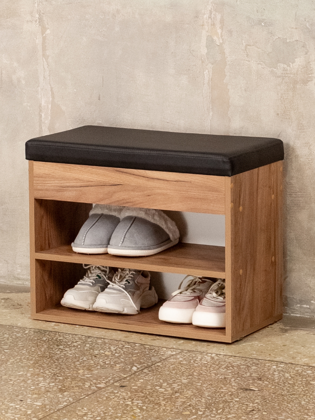 Обувница в прихожую с мягким сиденьем Рона амаретто/черный