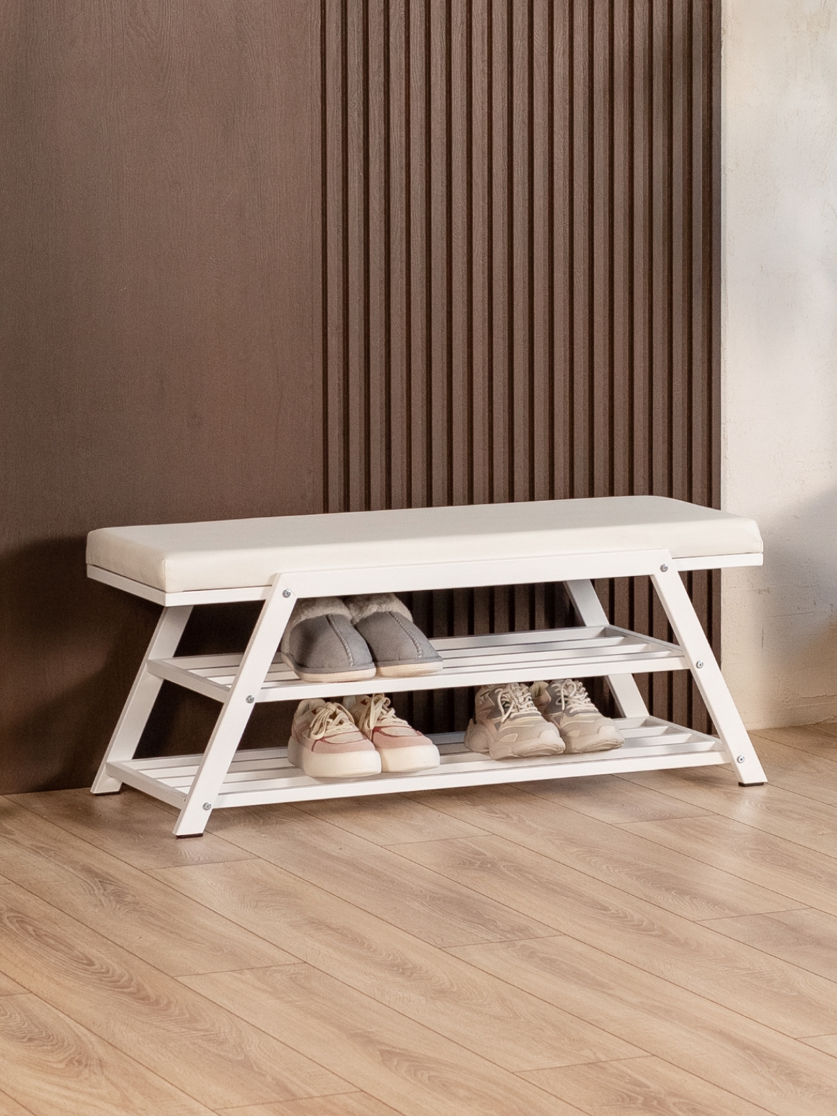 Обувница с мягким сиденьем экокожа Акера белый/белый