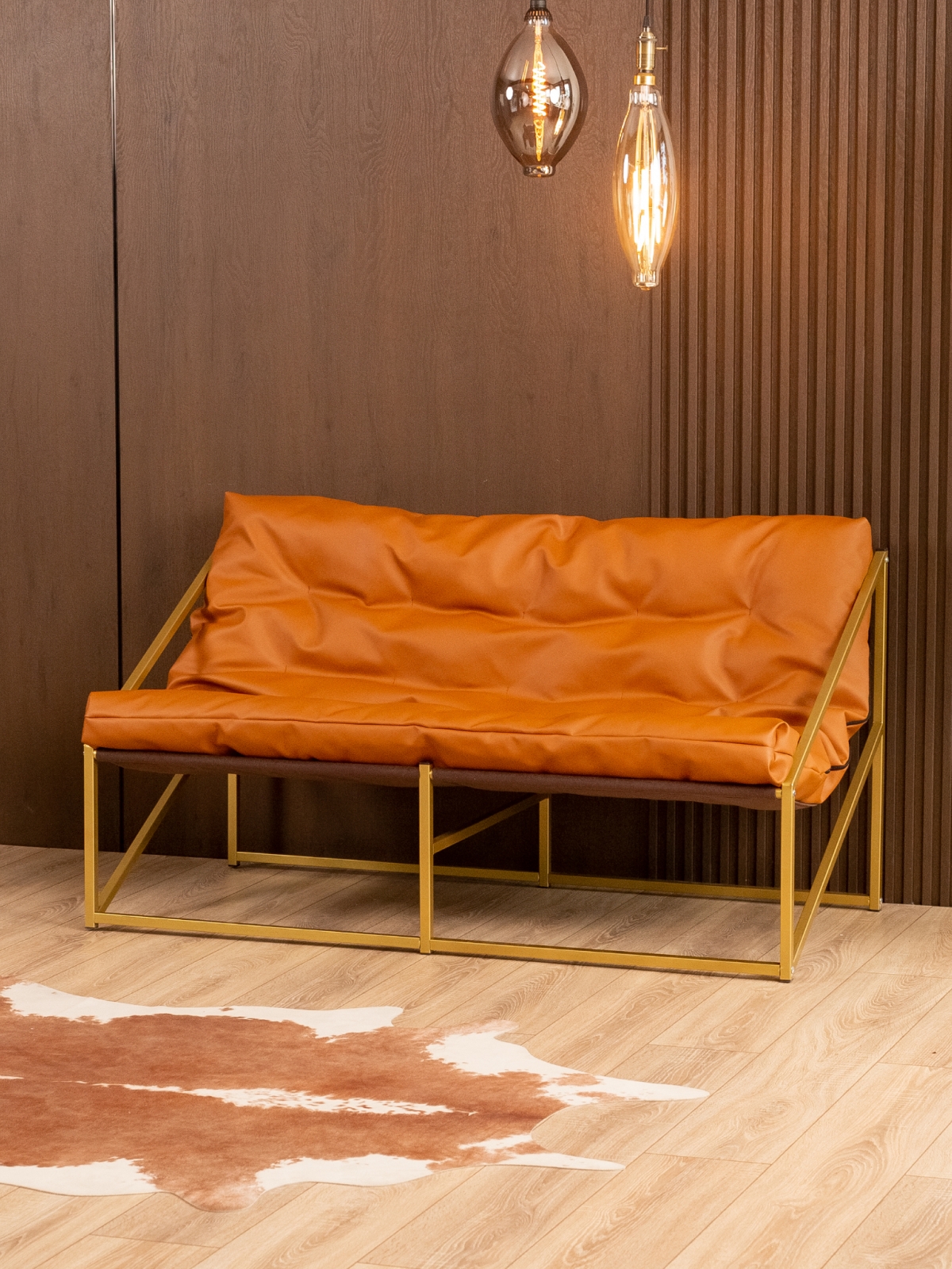 Диван металлический с мягкой подушкой Кирья кожа золотой/коричневый
