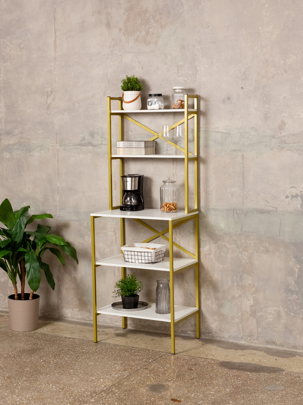 Стеллаж на кухню для микроволновки металлический лофт Истра золотой/белый