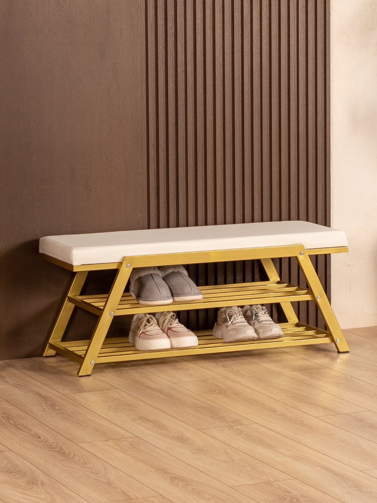 Обувница с мягким сиденьем экокожа Акера золотой/белый