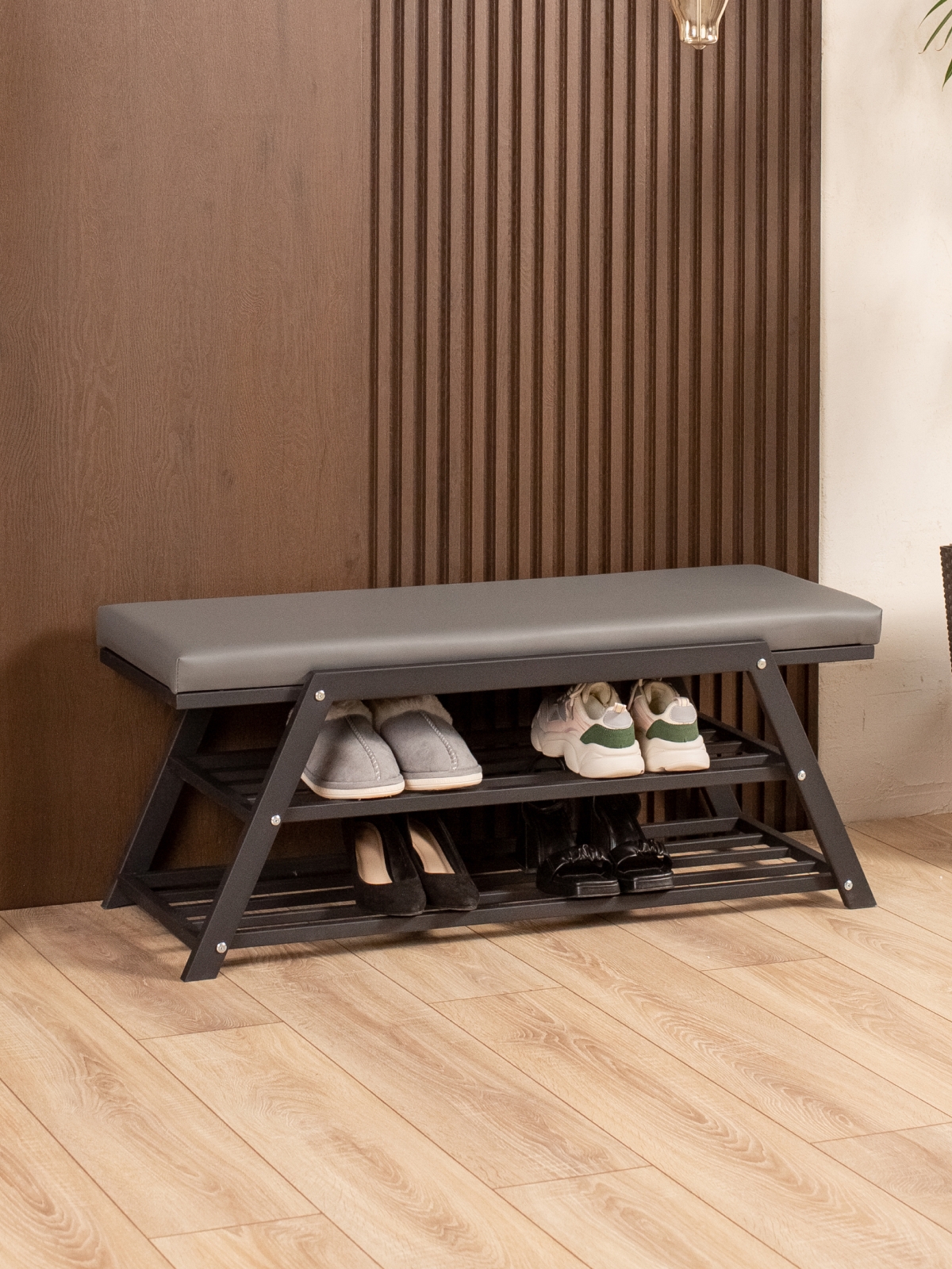 Обувница с мягким сиденьем экокожа Акера черный/серый