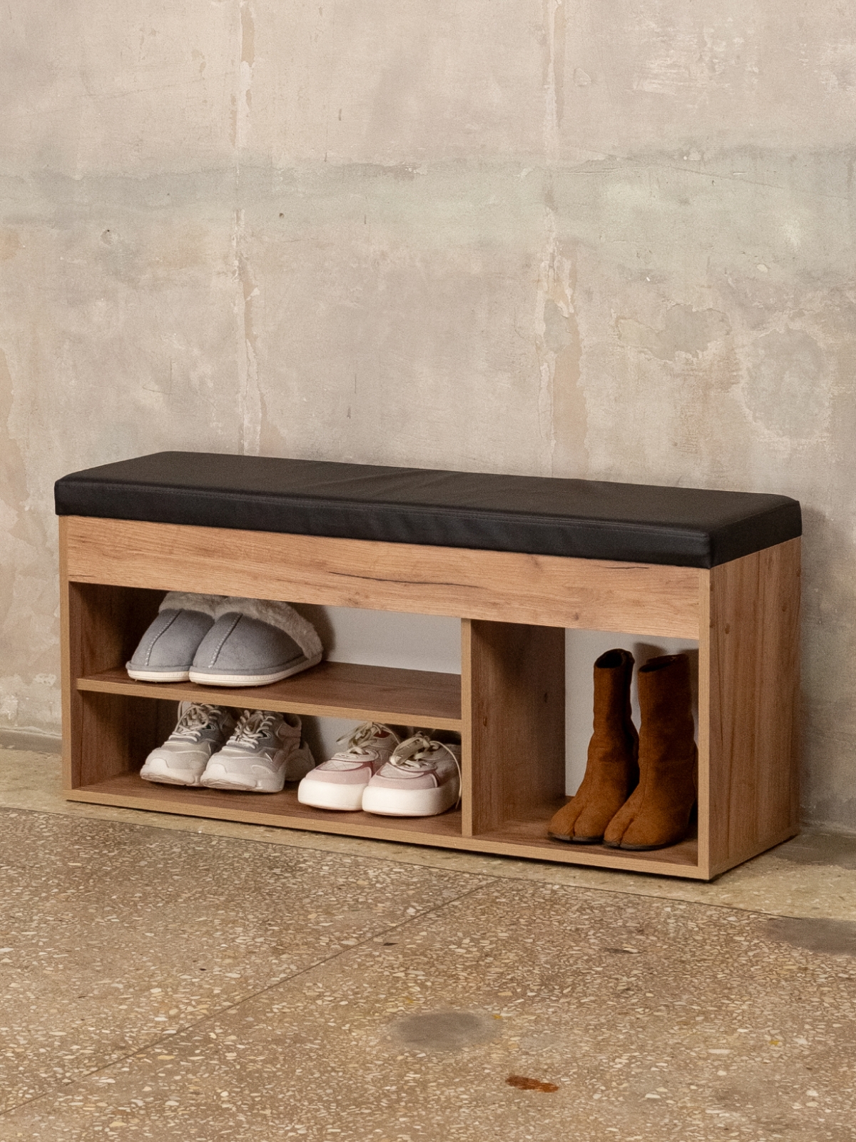 Обувница в прихожую с мягким сиденьем Тиса амаретто/черный