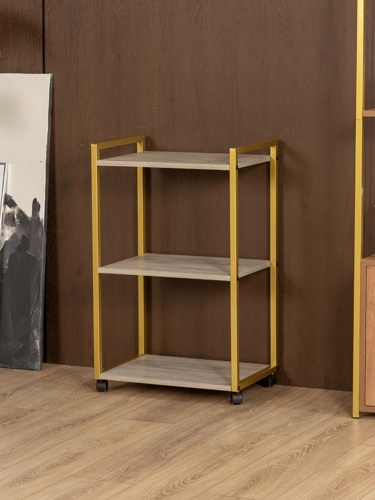 Косметологическая тележка трехъярусная на колесиках Амур золотой/кашемир