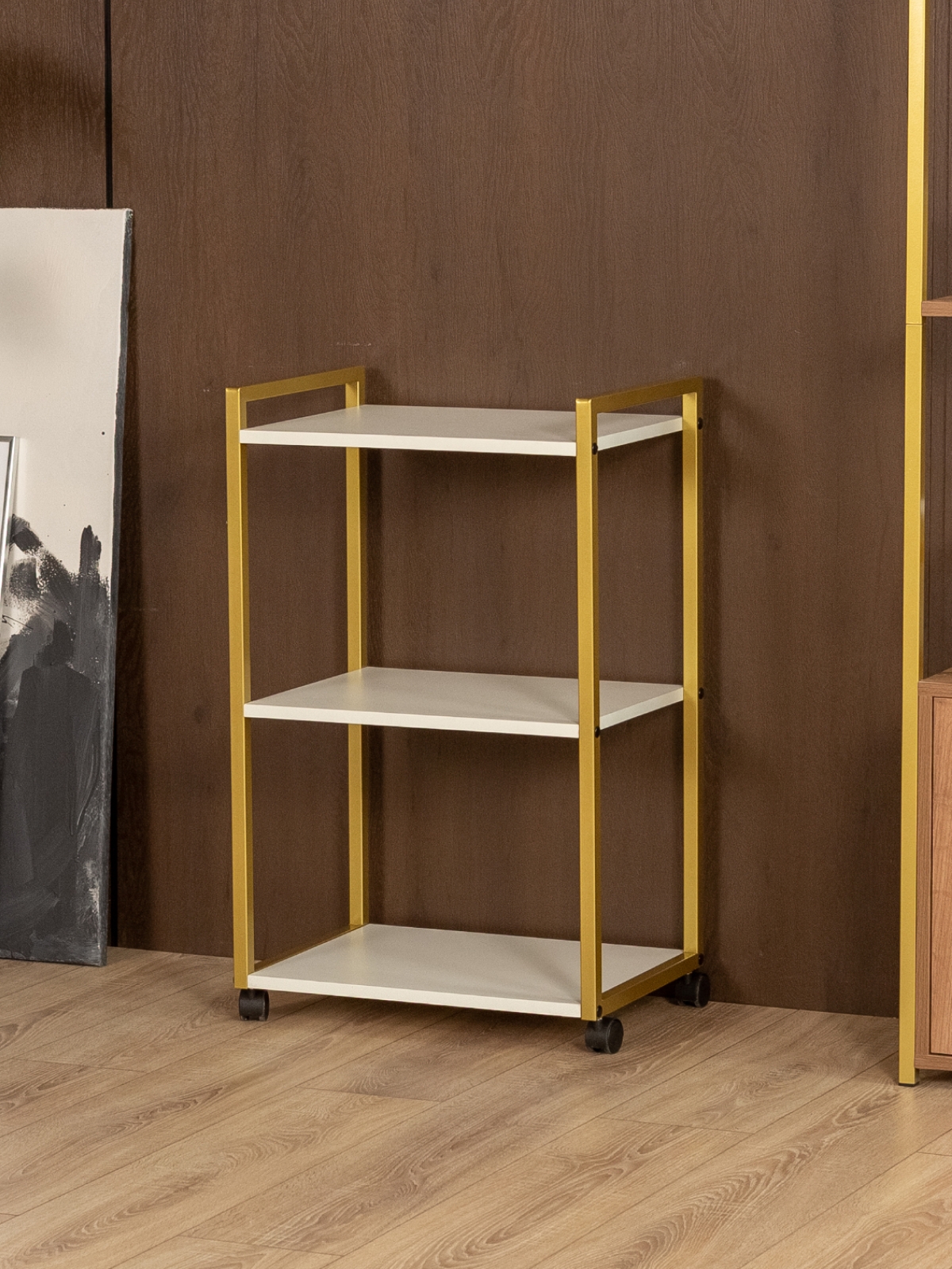 Косметологическая тележка трехъярусная на колесиках Амур золотой/белый