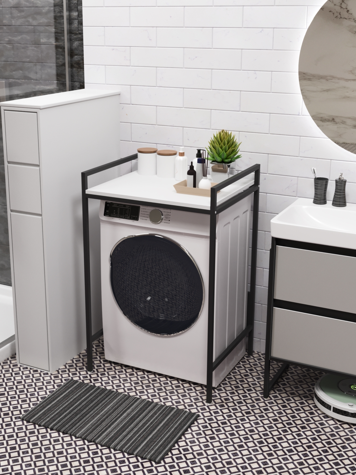 Стеллаж для стиральной сушильной машин Шексна черный/белый