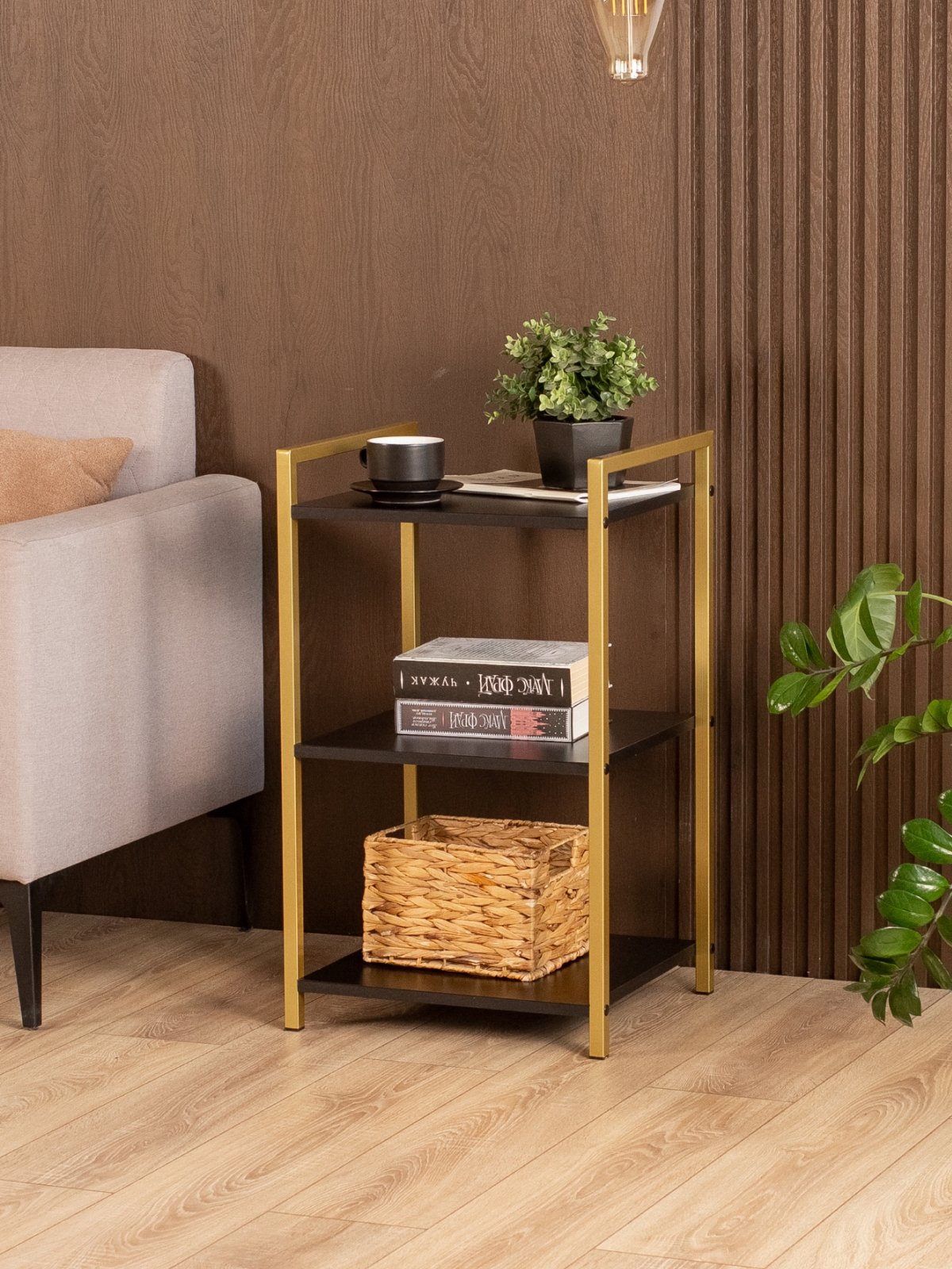 Стеллаж металлический лофт с полками Двина золотой/черный