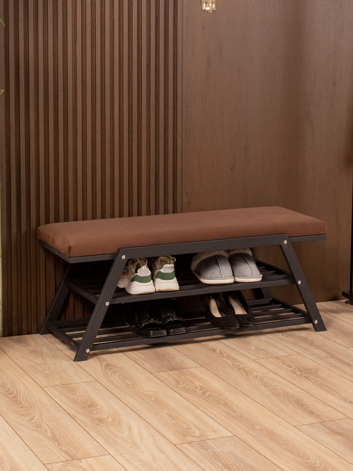 Обувница с мягким сиденьем велюр Акера черный/коричневый