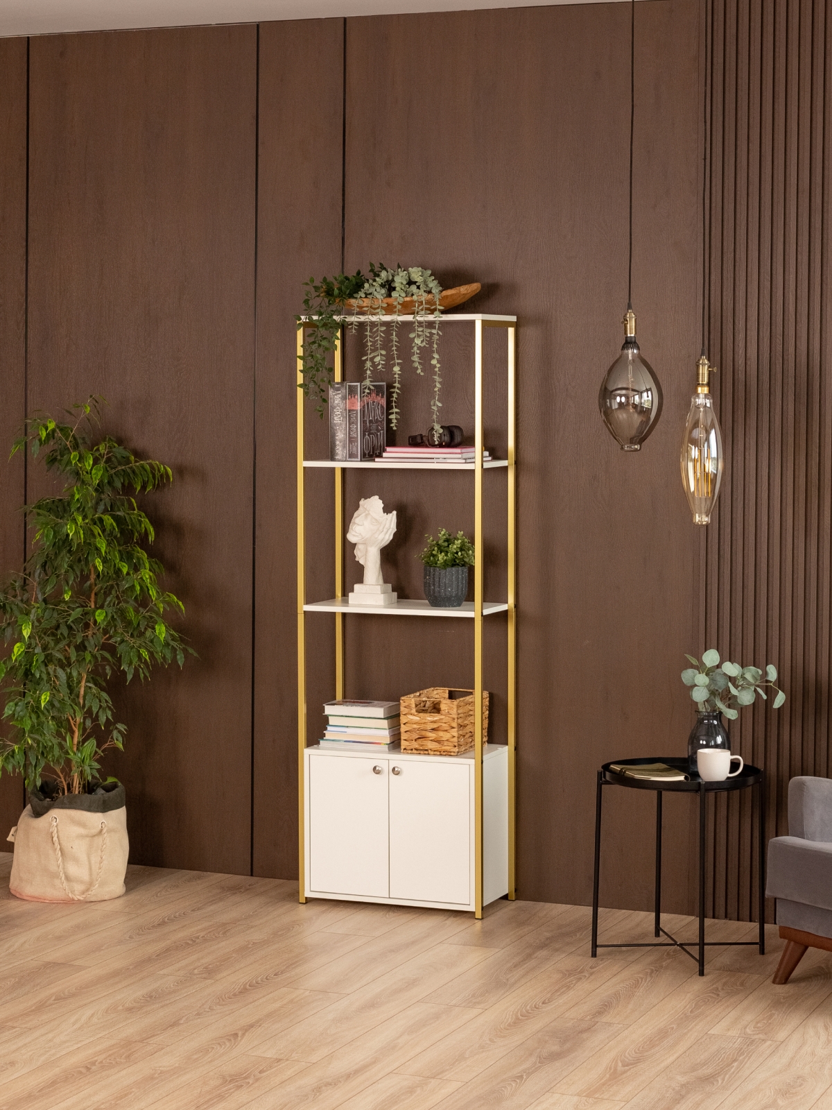 Стеллаж с тумбой и 3 полками Семуа золотой/белый