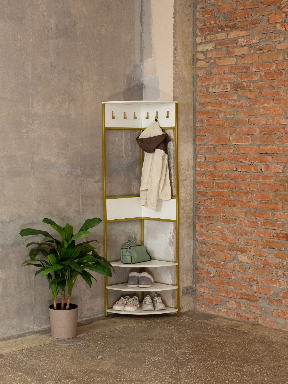 Вешалка угловая напольная Анива золотой/белый