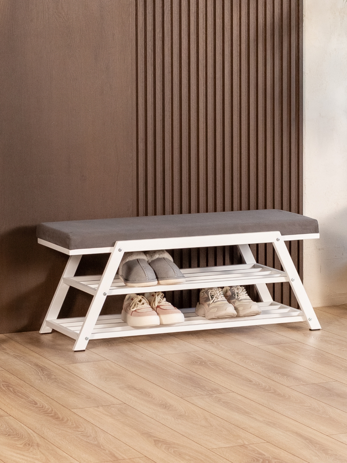 Обувница с мягким сиденьем велюр Акера белый/серый