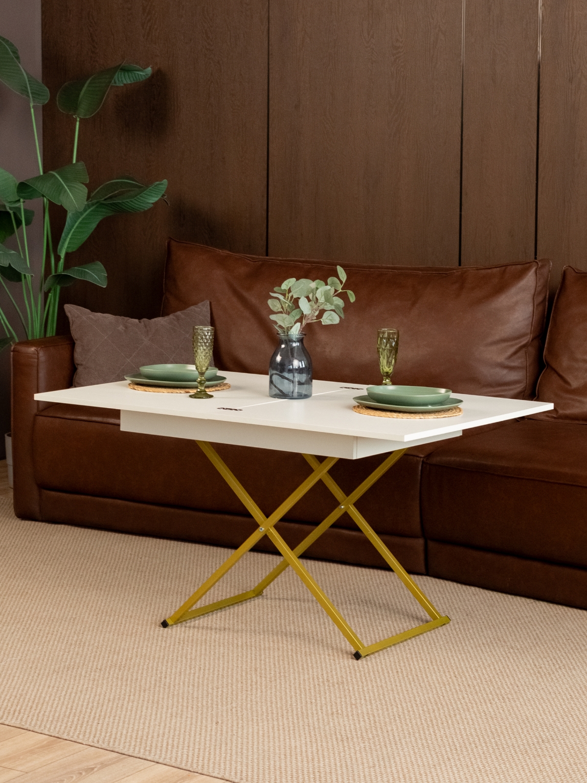 Стол трансформер лофт для гостиной Кемь золотой/белый