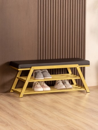 Обувница с мягким сиденьем экокожа Акера золотой/черный