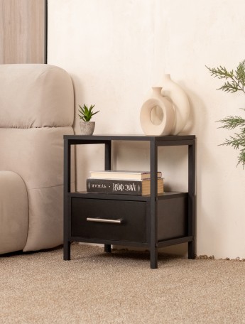 Прикроватная тумба с ящиком и полкой в стиле лофт Томо черный/черный