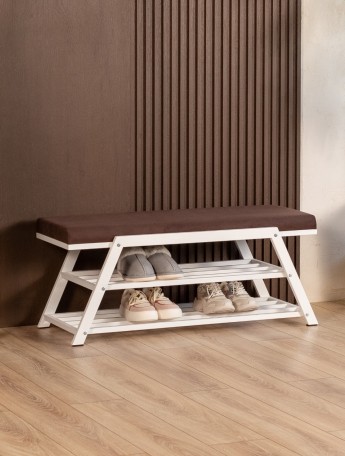 Обувница с мягким сиденьем велюр Акера белый/коричневый