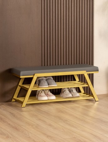 Обувница с мягким сиденьем экокожа Акера золотой/серый