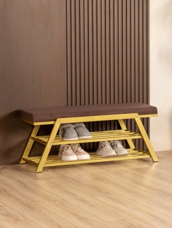 Обувница с мягким сиденьем велюр Акера золотой/коричневый